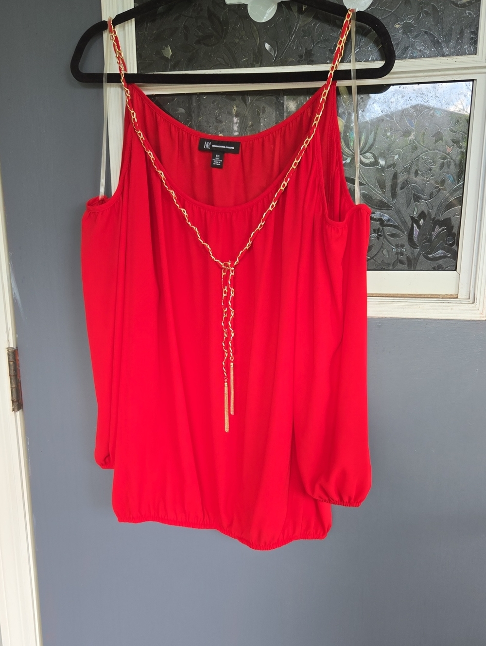 INC International Concepts Red Cold-Shoulder Tank with Gold Chain
